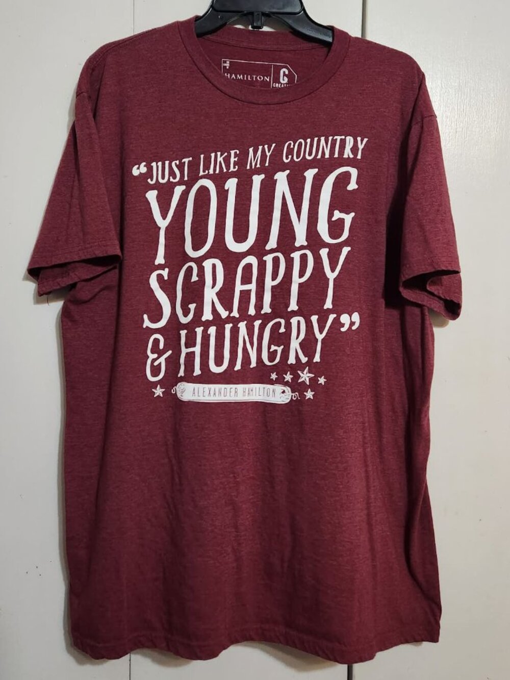 Hamilton Musical Shirt XL Extra Large Heather Burgundy Young Scrappy Hungry Tee